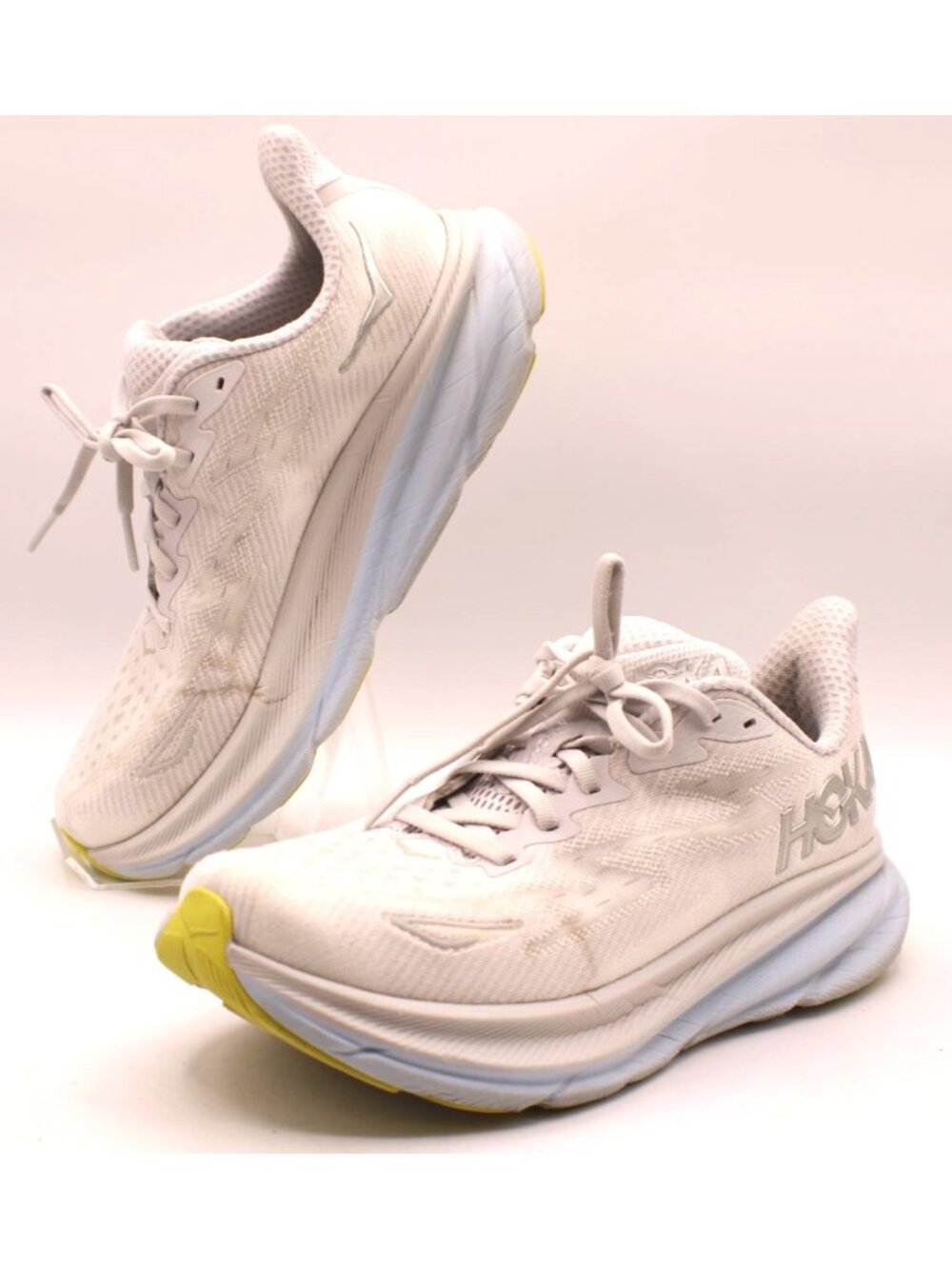 Hoka One One Clifton 9 Wide Womens 8.5 D White Ice Yellow Running Shoes 1132211